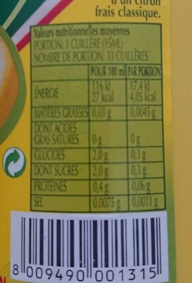 Jus de citron - Información nutricional - fr