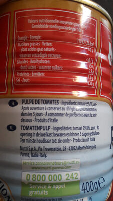 Pulpe fine de tomates - Tableau nutritionnel