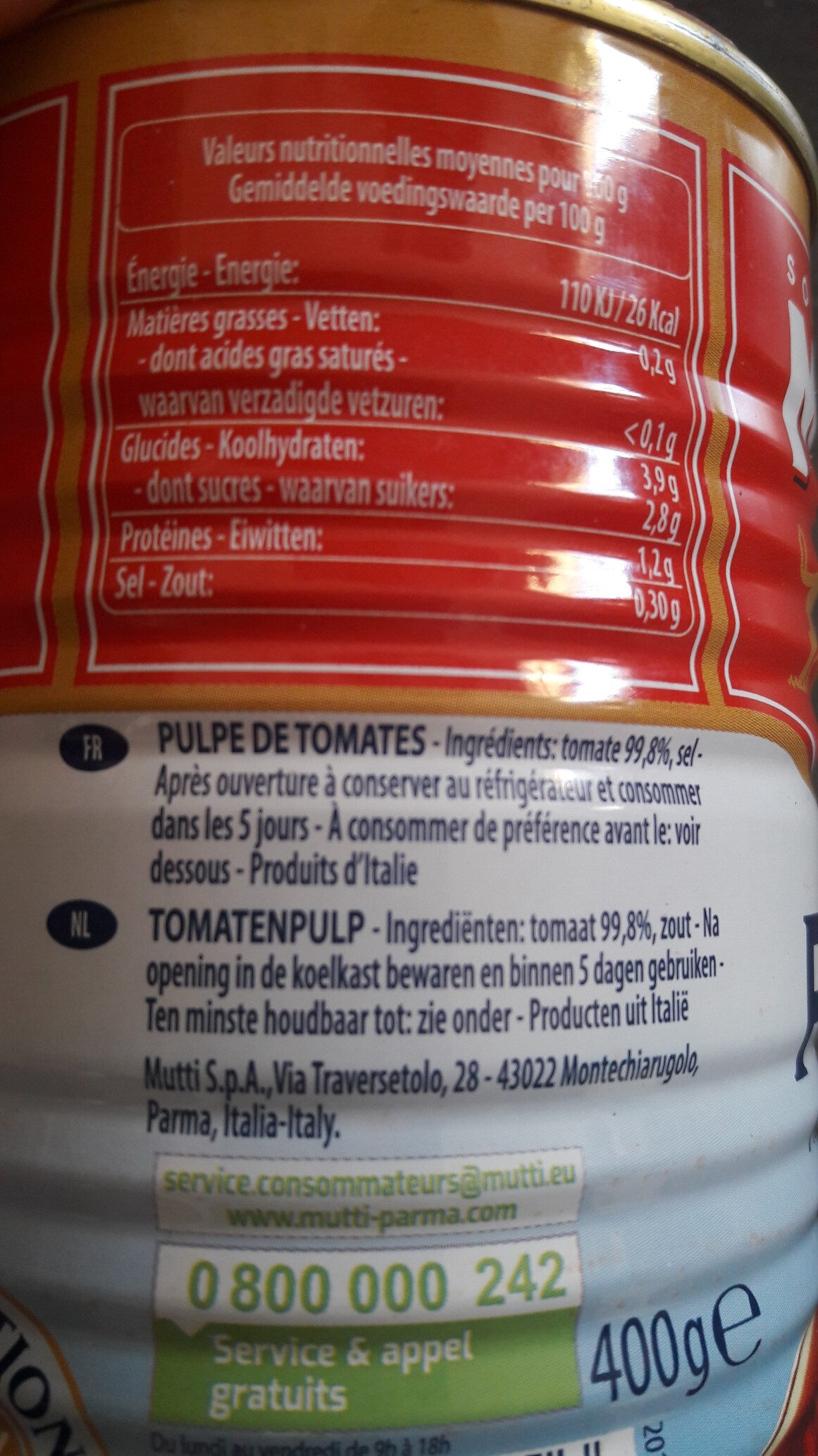 Polpa Tomatenfruchtfleisch - Tableau nutritionnel