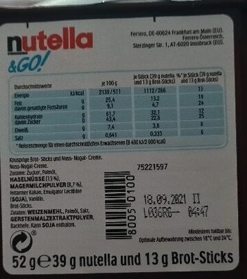 Kinder Nutella & CO 52gr - 1,70 Euro - Ingrédients
