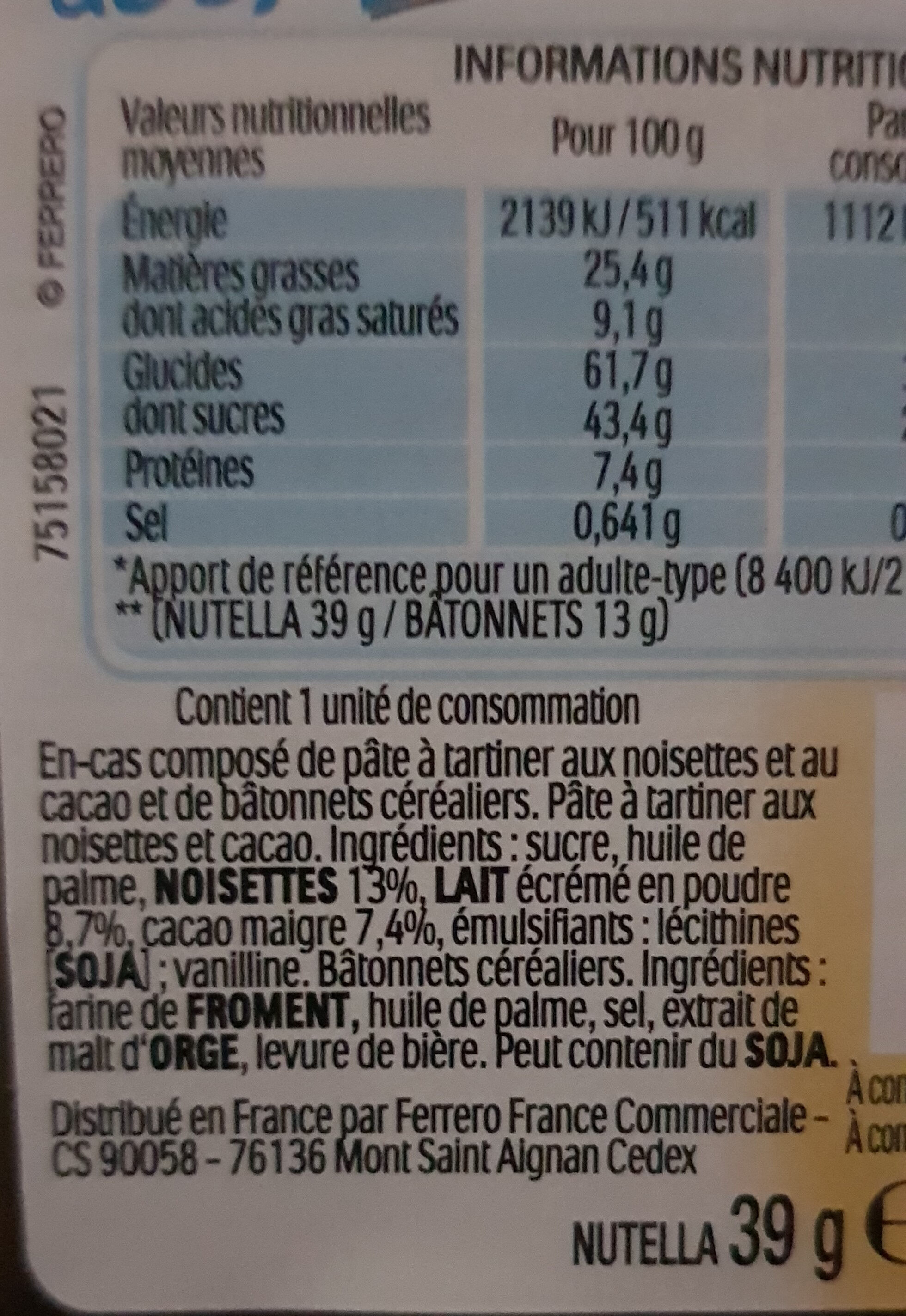 Kinder Nutella & CO 52gr - 1,70 Euro - Tableau nutritionnel