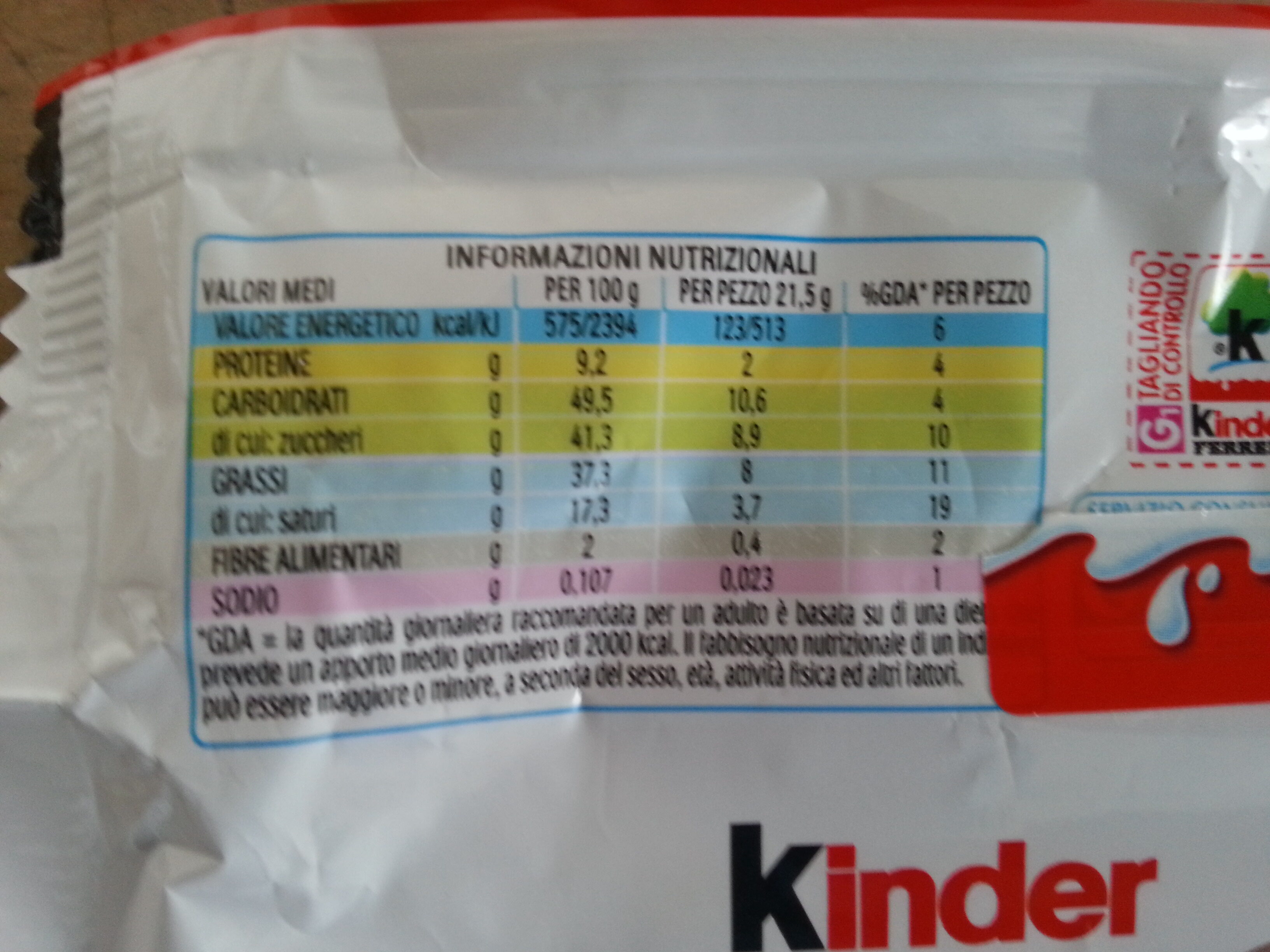 Kinder Bueno 1,10 Euro - Tableau nutritionnel