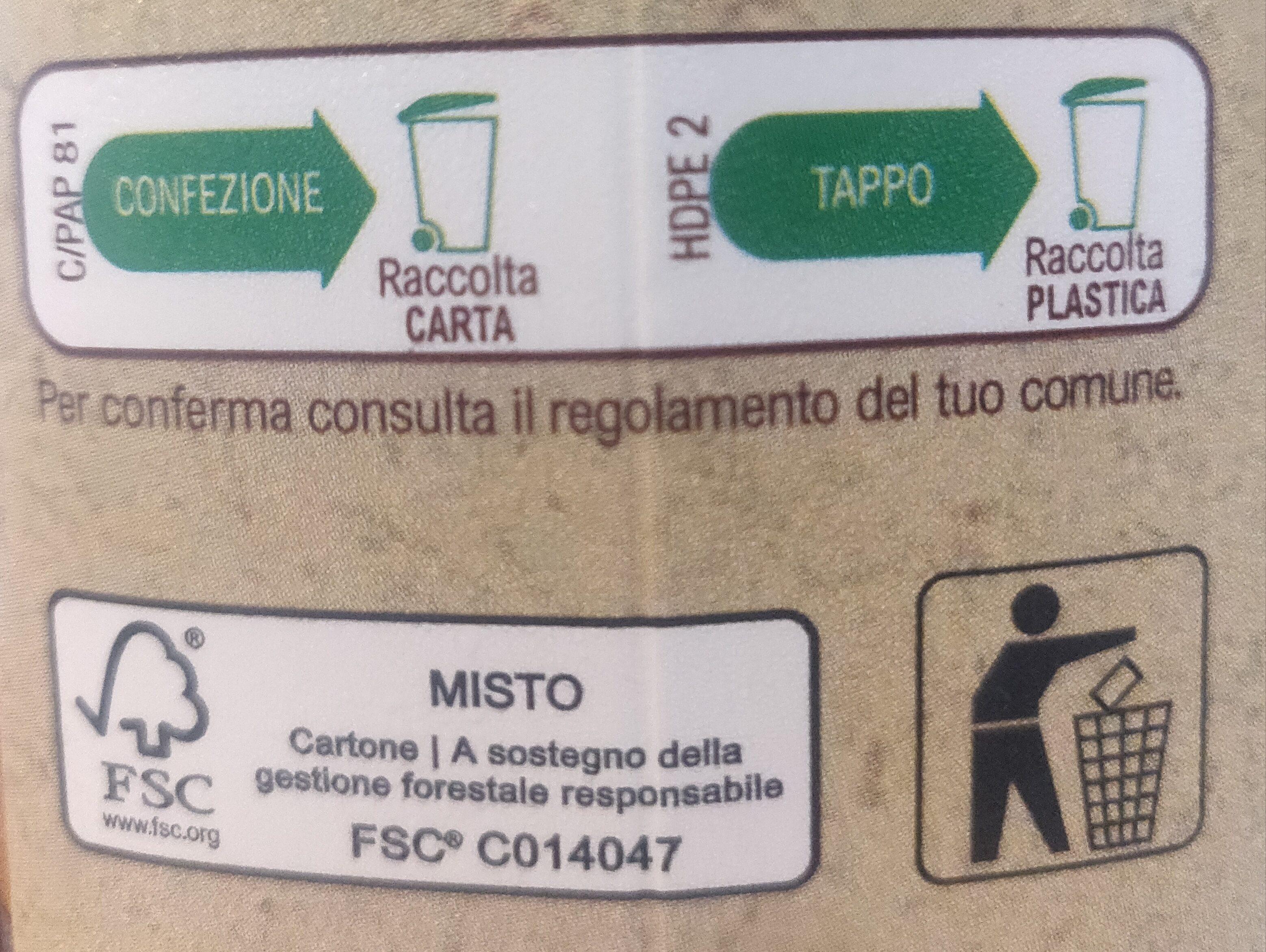 Latte parzialmente scremato microfiltrato - Istruzioni per il riciclaggio e/o informazioni sull'imballaggio