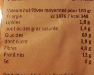 Pates demi completes Coquillettes - Tableau nutritionnel