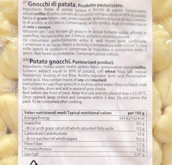 Gnocchi di patate - Valori nutrizionali