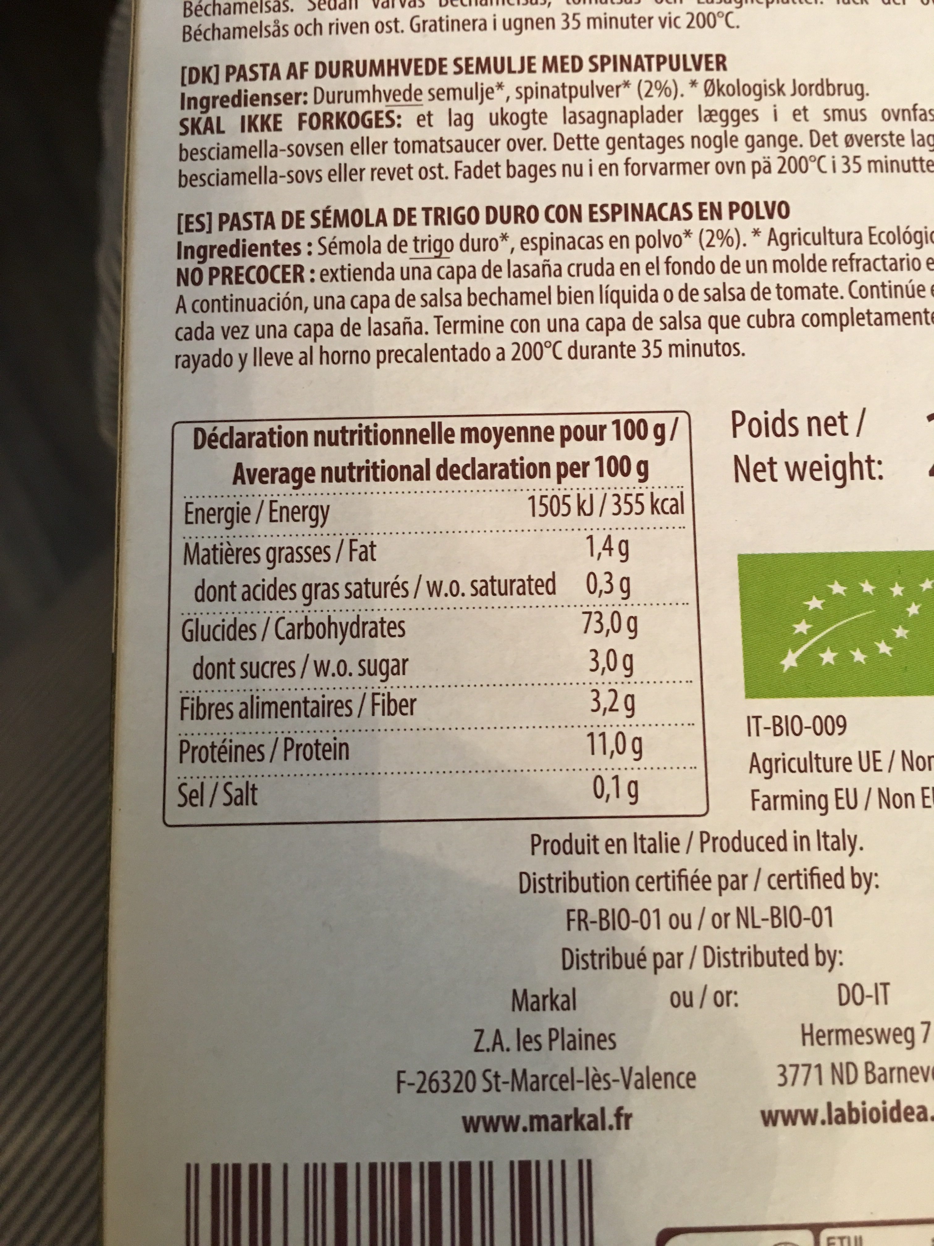 Lasagnes aux épinards Bio - 250G - Ingrédients