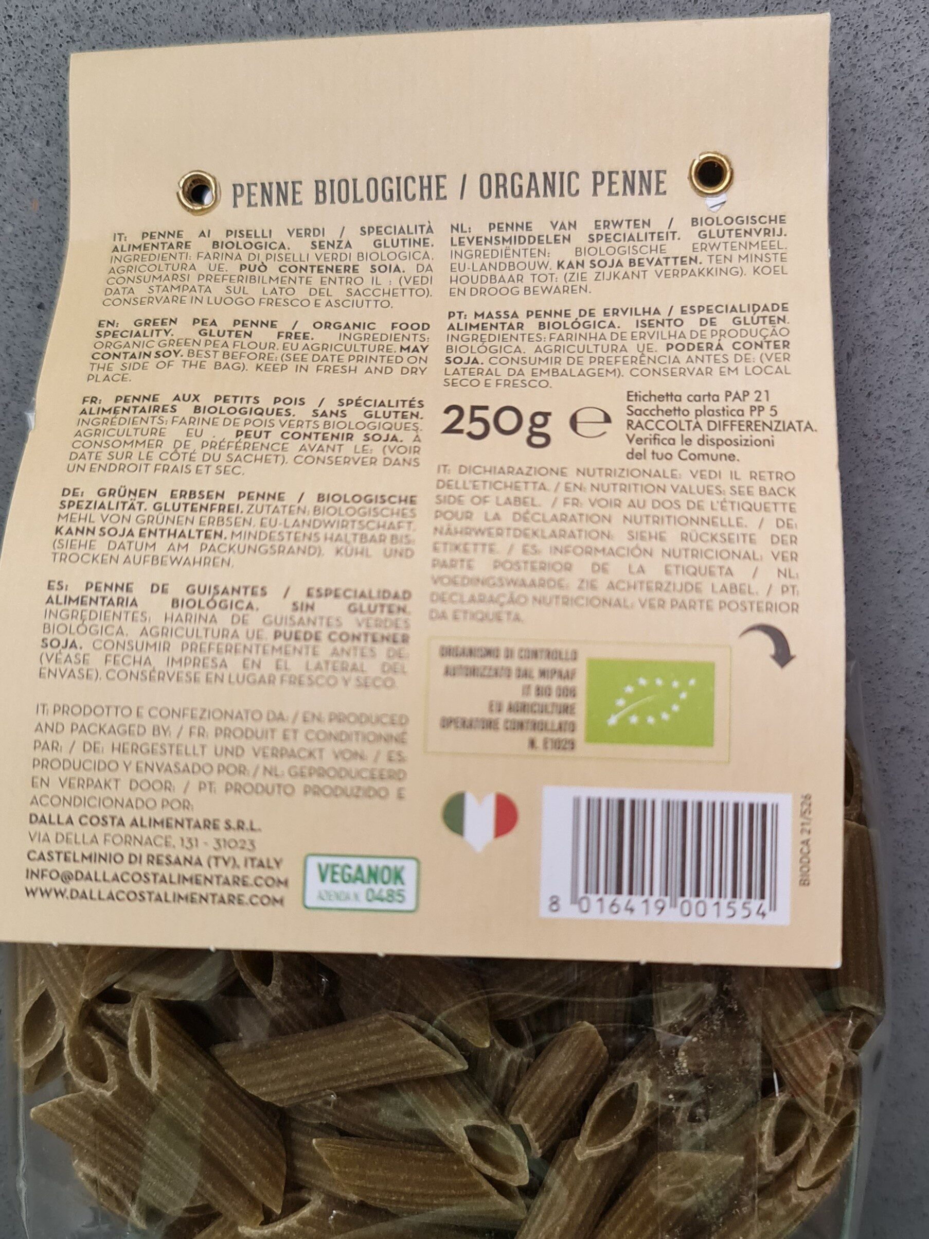 Organic penne 100% pea piselli - Ingredients