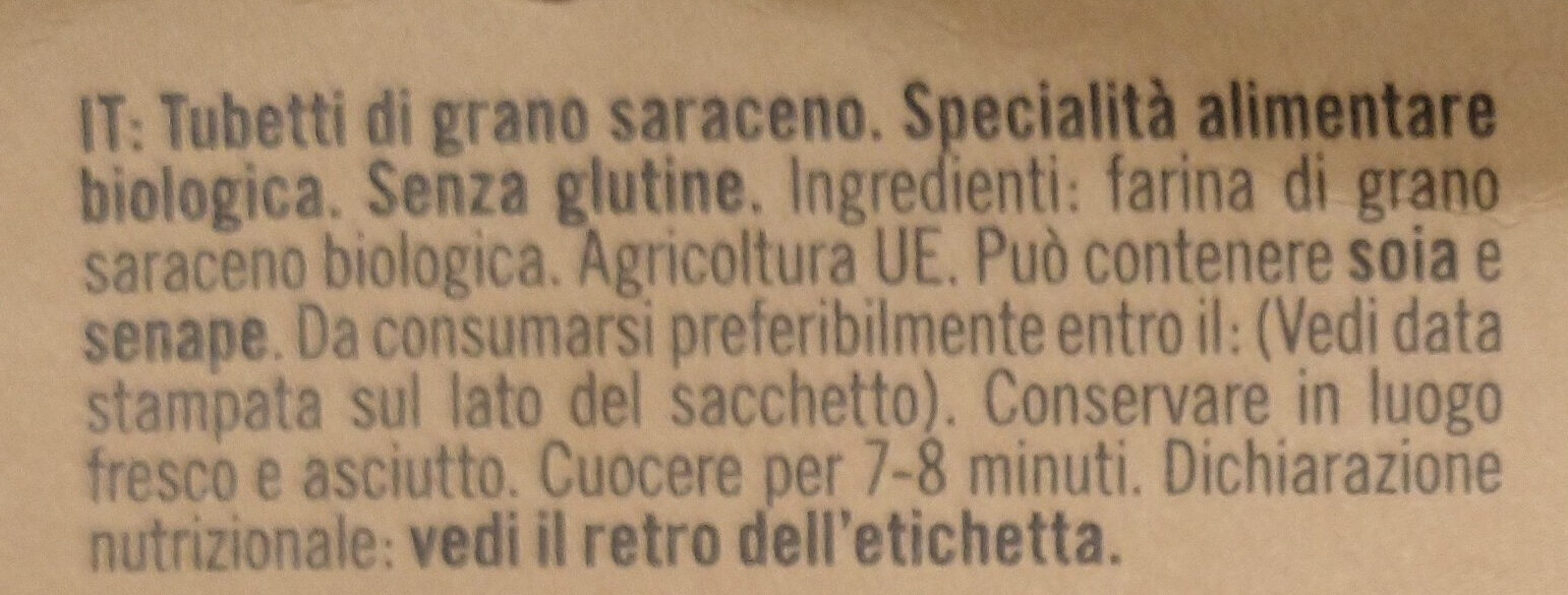 Tubetti 100% grani saraceno - Ingredienti