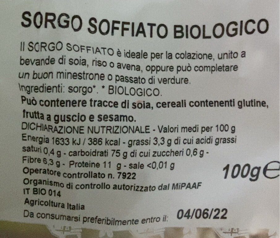 Sorgo soffiato biologico - Nutrition facts - it
