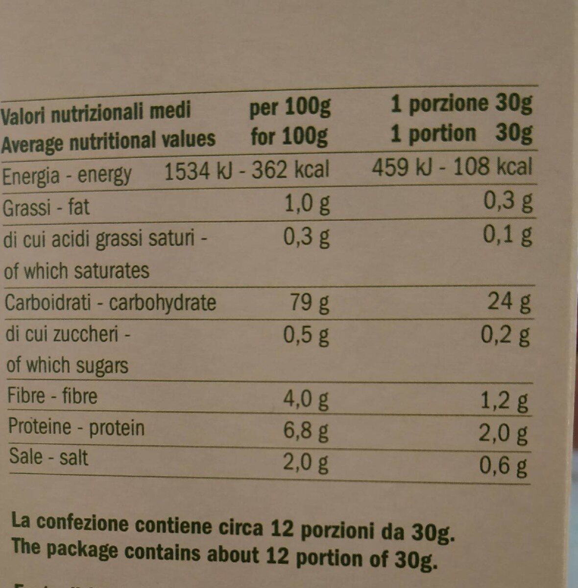 Corn flakes senza glutine - Valori nutrizionali