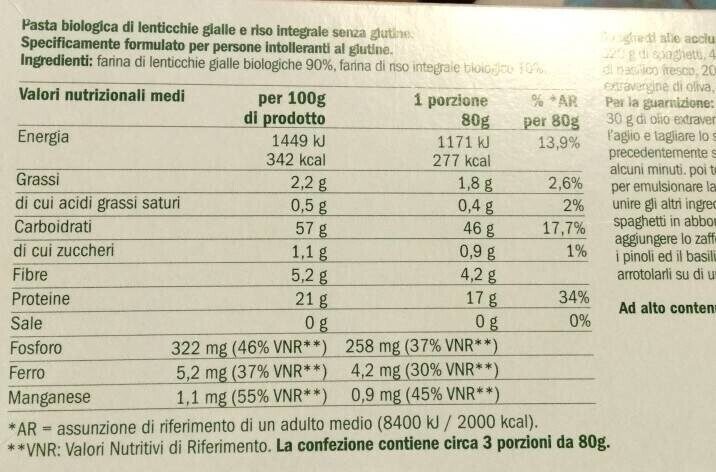 Spaghetti biologici di lenticchie e riso integrale - Valori nutrizionali