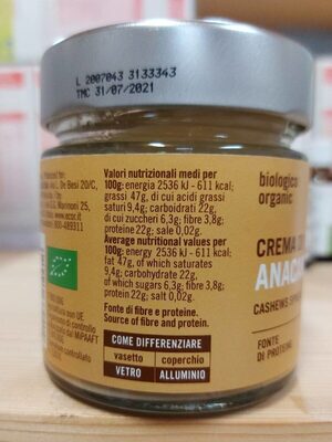 Crema di anacardi - Valori nutrizionali