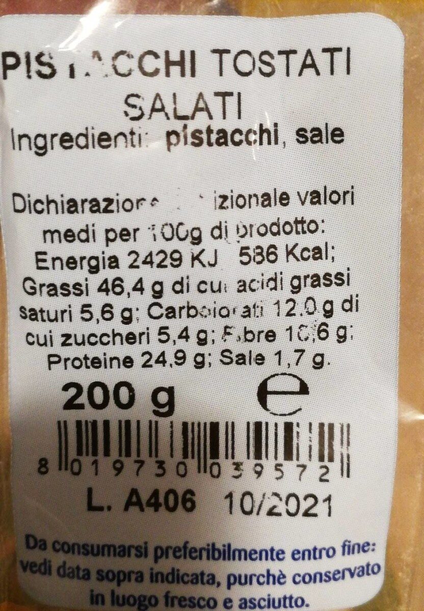 Pistacchi tostati salati - Valori nutrizionali