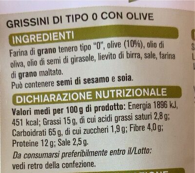 Grissini alle olive - Valori nutrizionali