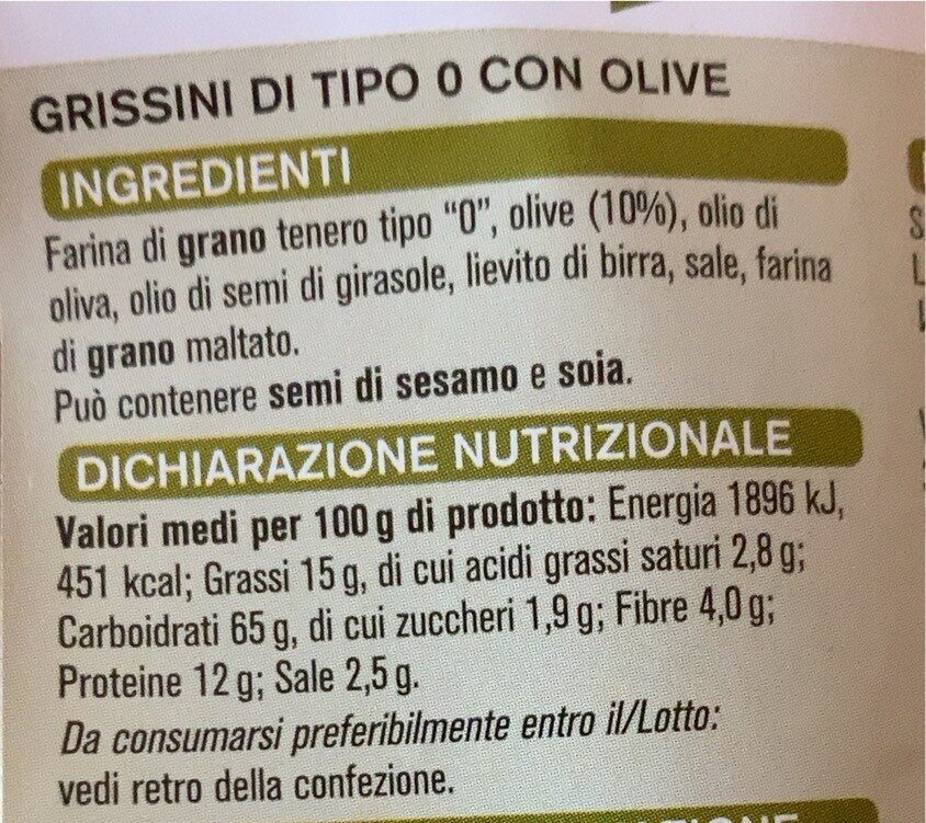 Grissini alle olive - Valori nutrizionali