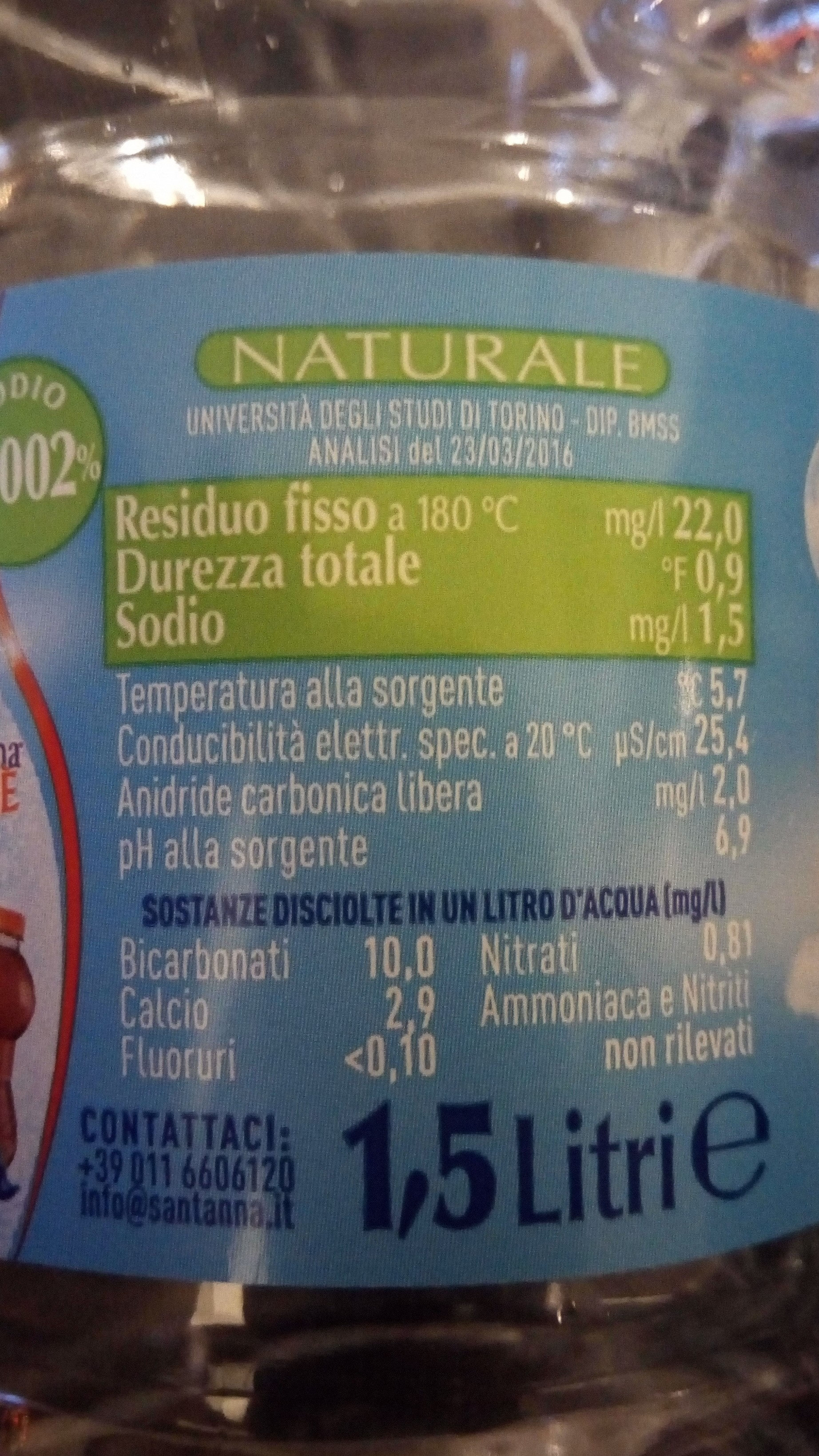 Acqua minerale naturale Sant'Anna - Valori nutrizionali