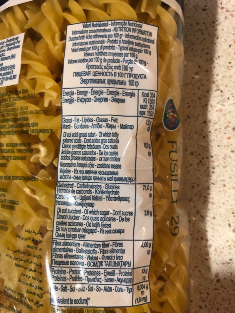 Fusilli Pasta Italiana Lori - Ingrediënten - es
