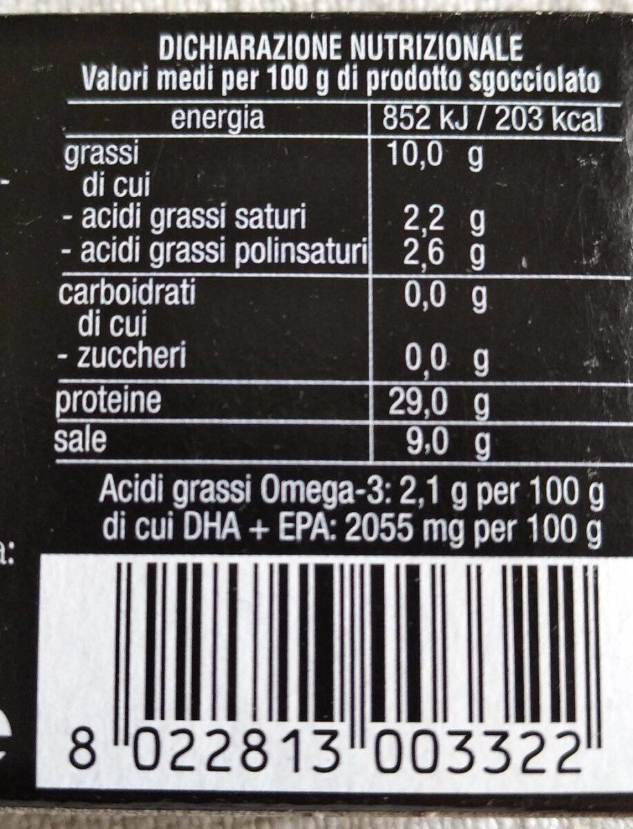 Filetti di acciughe in olio di oliva - Valori nutrizionali