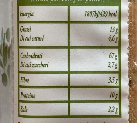 Grissini tipo 0 con olive - Ernæringsfakta - fr