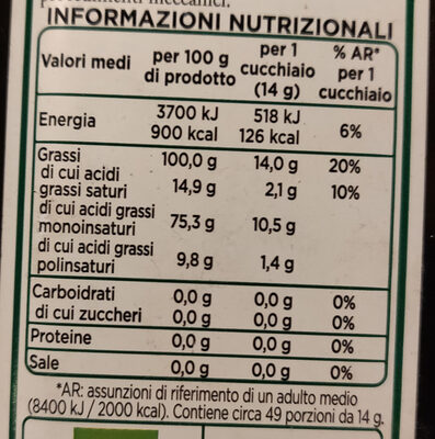 olio extra vergine di oliva biologico italiano - Nährwertangaben - it