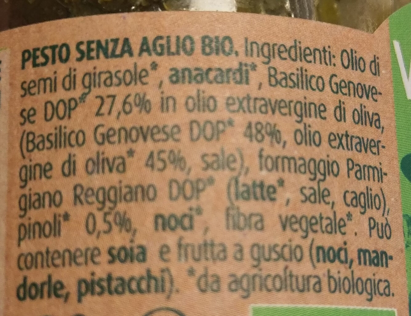 Pesto senza aglio bio - Ingredienti