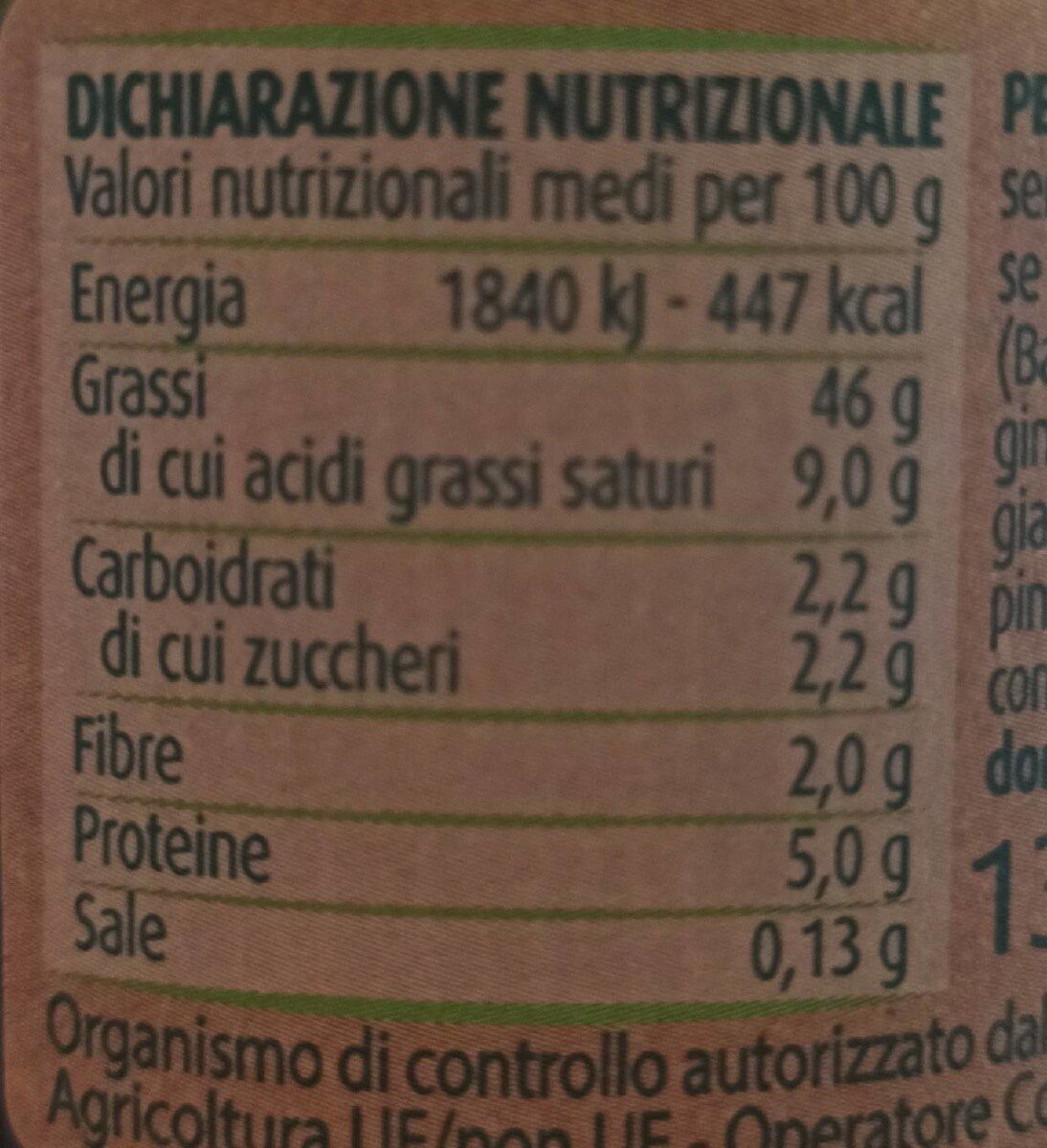 Pesto senza aglio bio - Valori nutrizionali