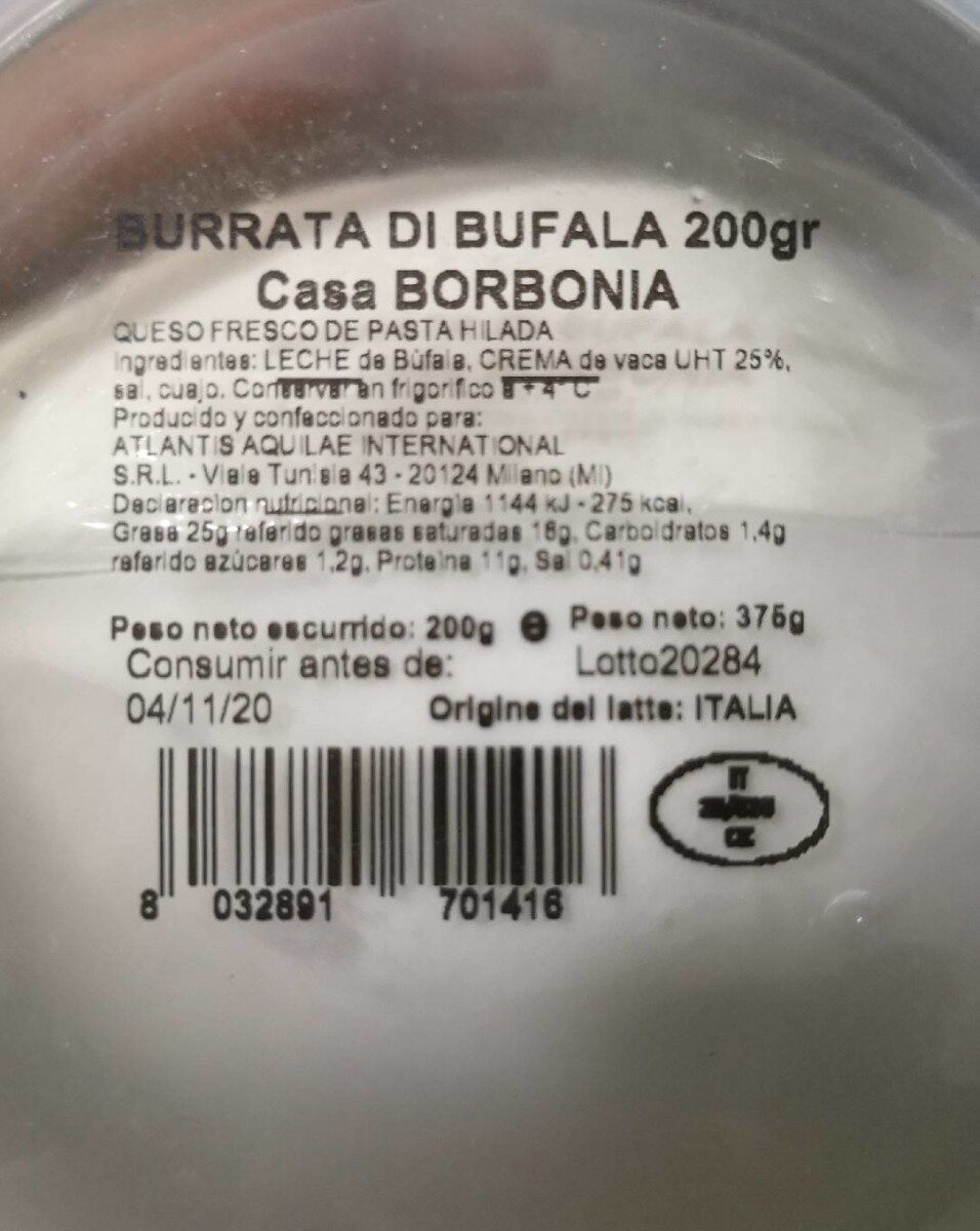 Burrata di bufala - Tableau nutritionnel - es