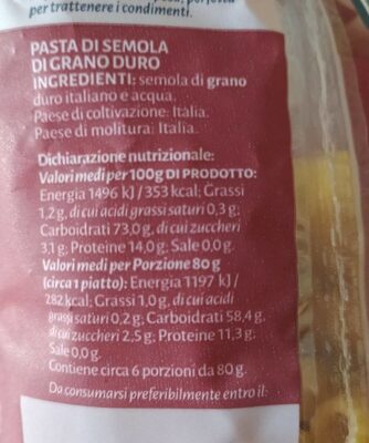 Elicoidali pasta Gragnano I.G.P. - Valori nutrizionali