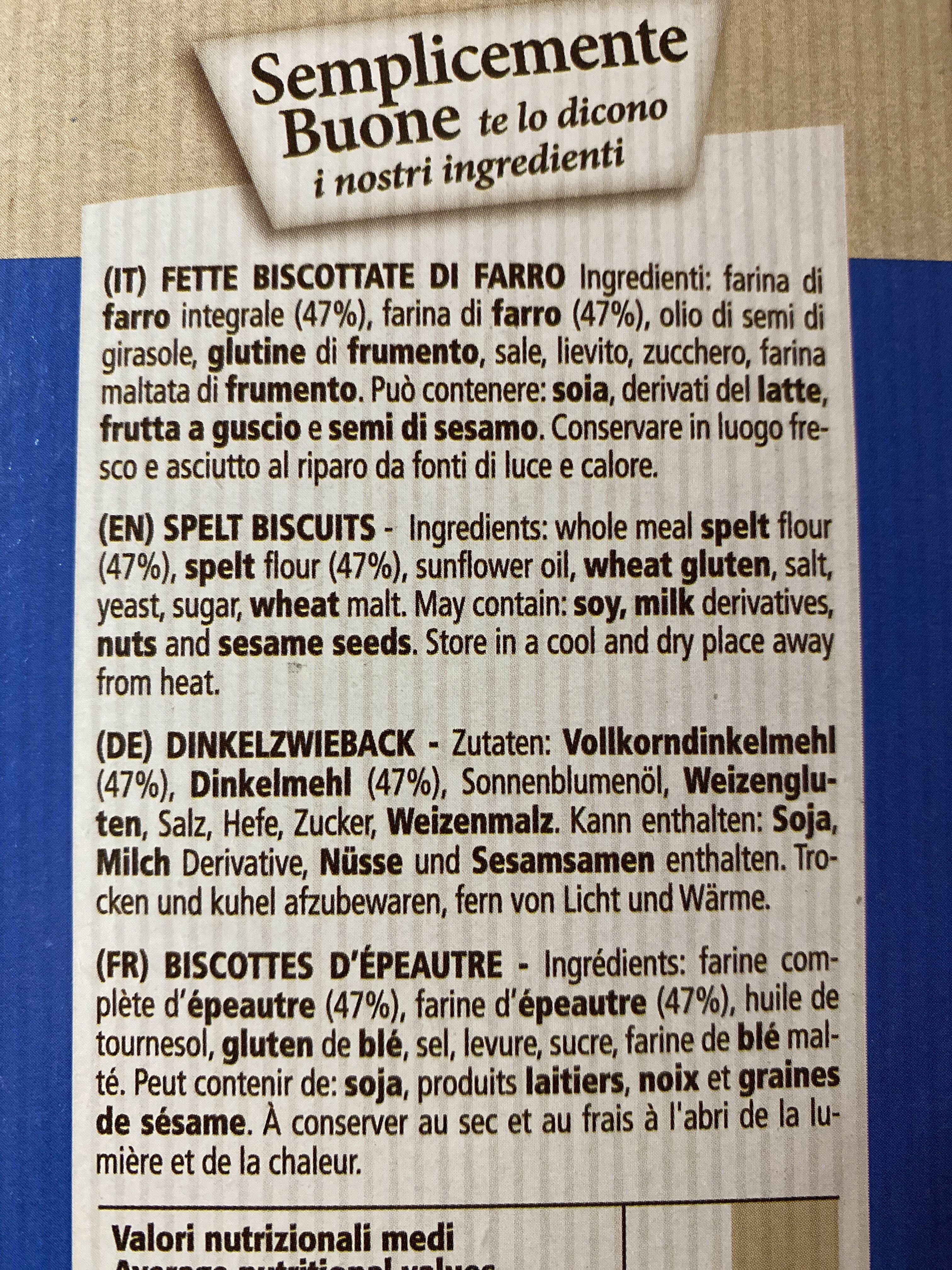 Fette biscottate - farina integrale di farro - Ingredients - it