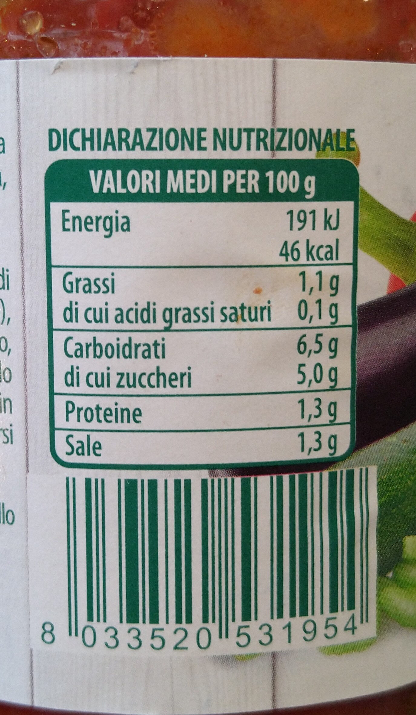 ortolano - sugo pronto con pomodoro e verdure - Valori nutrizionali