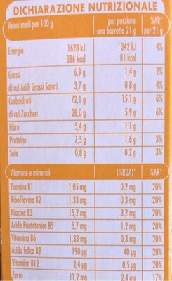 Barrette di cereali con cioccolato fondente e arancia - Valori nutrizionali