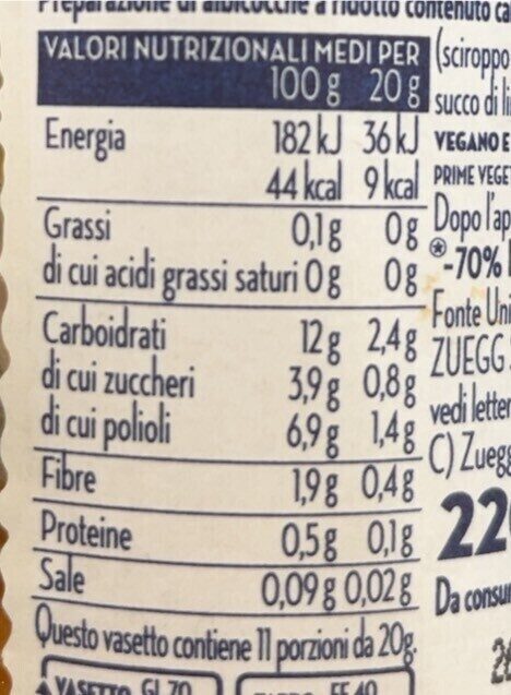 0 Zuccheri - albicocca - Valori nutrizionali