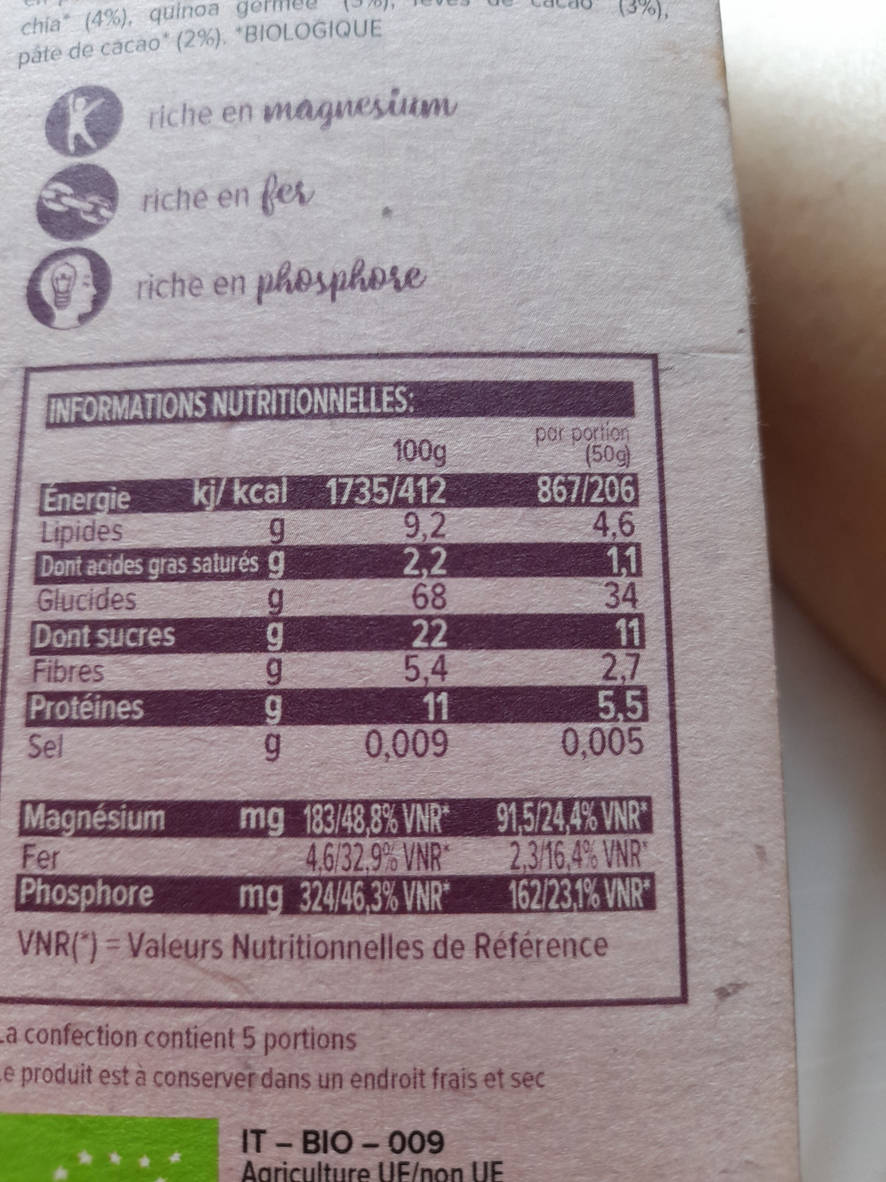 Porridge Cacao Chia - Valori nutrizionali - fr