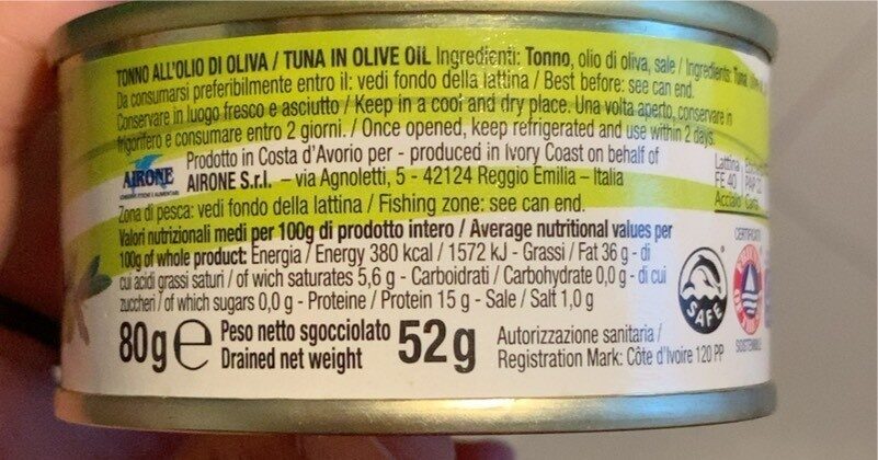 Tutto tonno all’olio di oliva - Valori nutrizionali