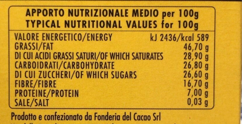 Cioccolato fondente vegano 73% - Valori nutrizionali