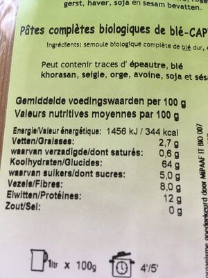 Capellini biologiques complètes - Tableau nutritionnel - nl