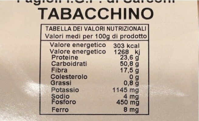 Fagioli di Sarconi IGP Tabacchino - Valori nutrizionali