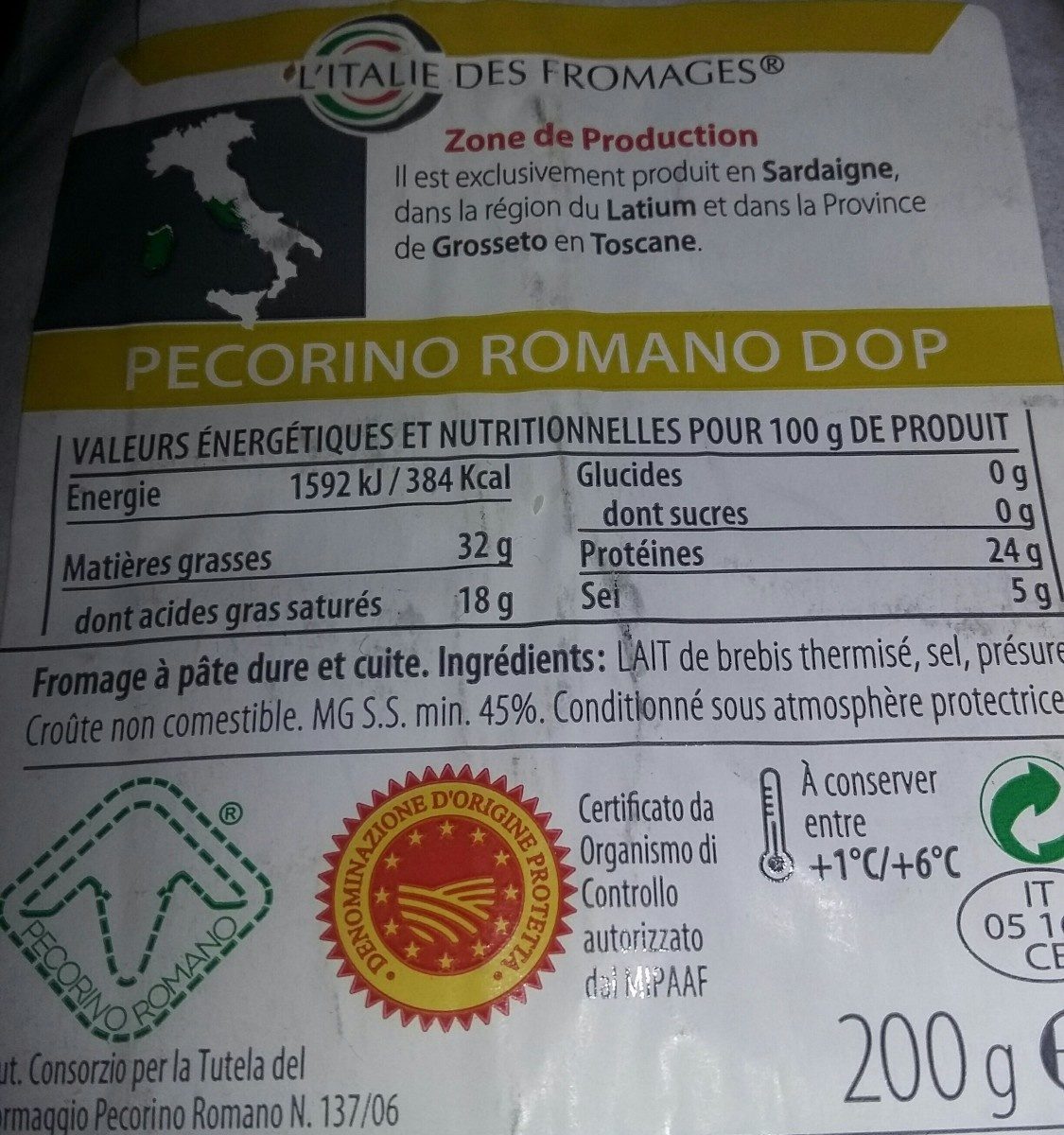 Pecorino Romano DOP - Ingredients - fr