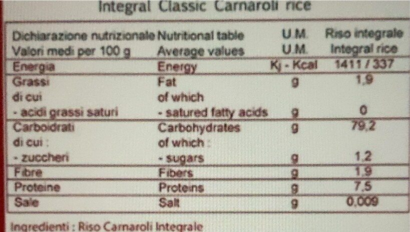 Riso caranroli classico integrale - Nutrition facts - it