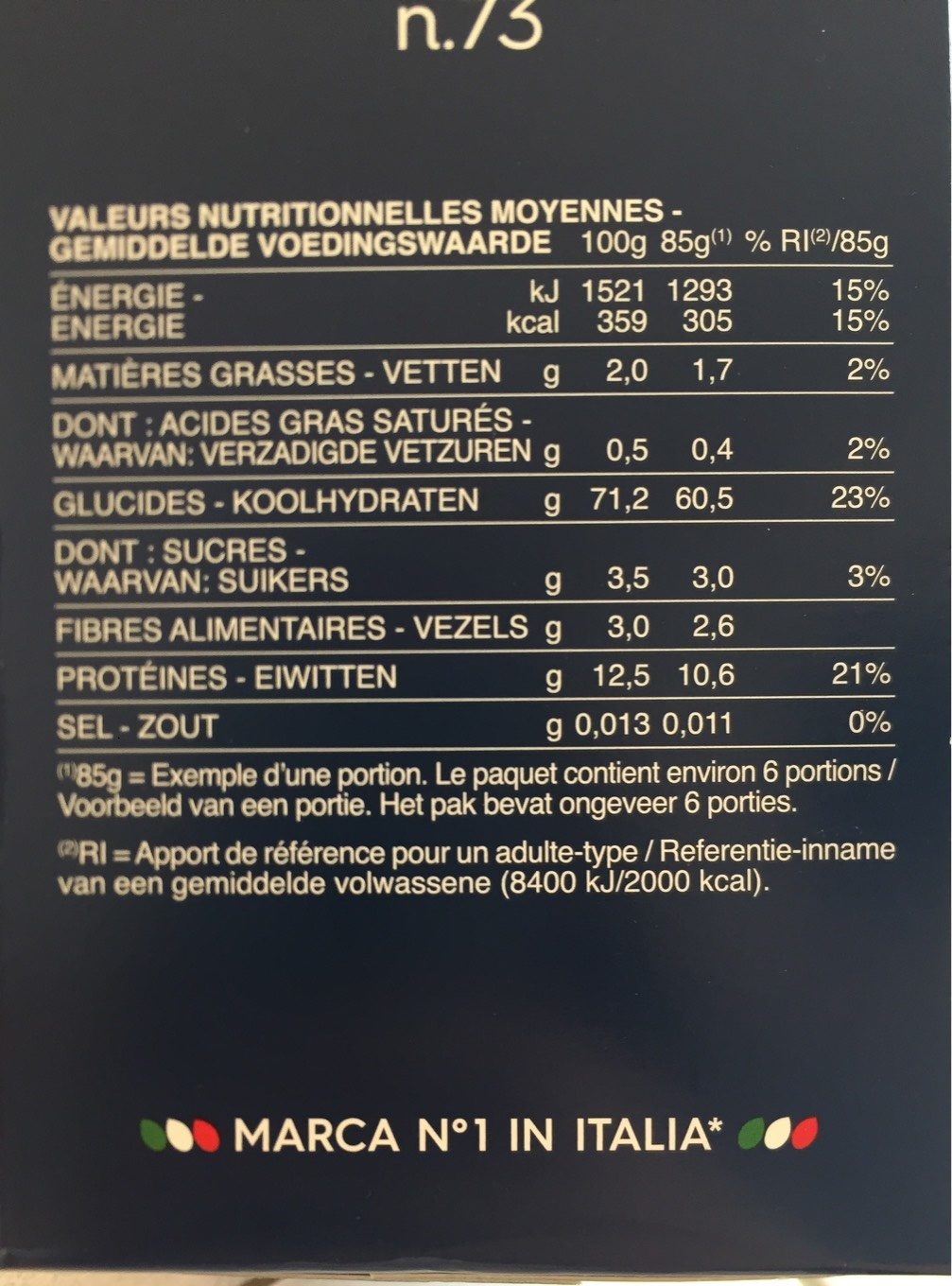 Penne Rigate n.73 - Tableau nutritionnel