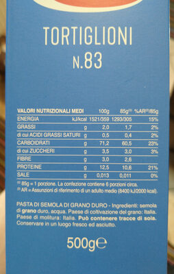 Barilla Pasta Tortiglioni Nr. 83 italienisch Nudeln 500 g pack. - Voedingswaarden - it