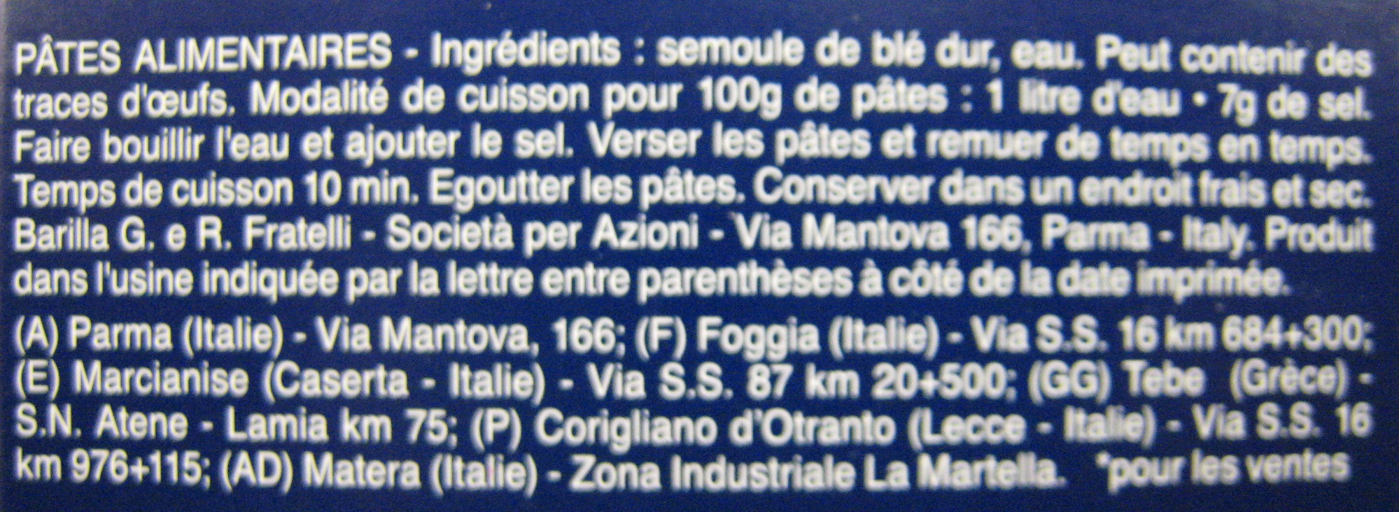 Barilla cellentani - Ingredientes - fr