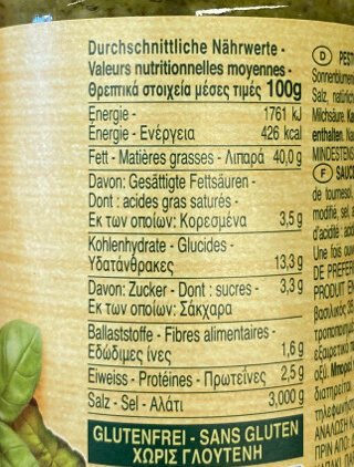 Pesto Basilico Vegan - Tableau nutritionnel