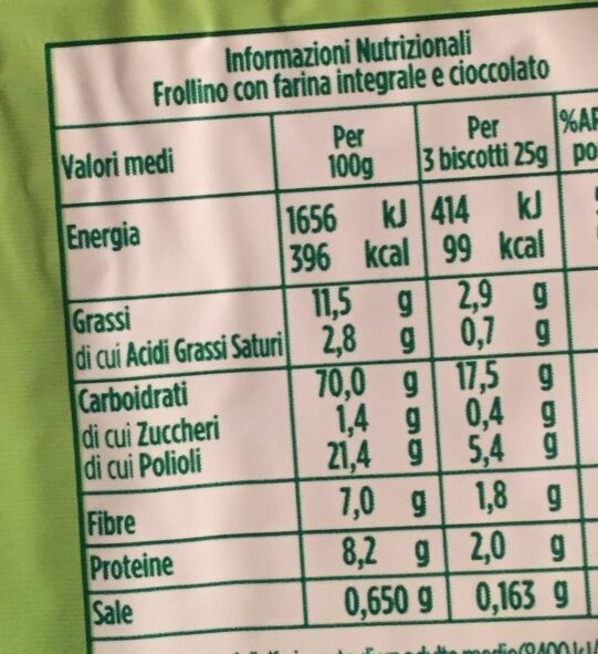 Frollini con farina integrale e cioccolato - حقائق غذائية - it