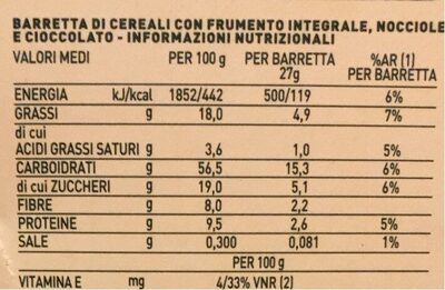 Barrette di cereali nocciole e cioccolato fondente - Información nutricional - it