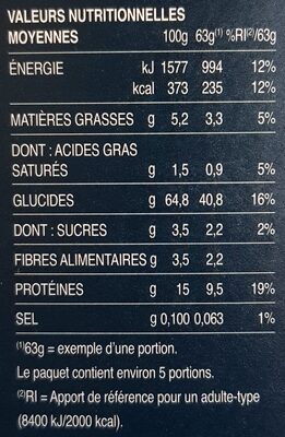Pâtes Lasagnette - Información nutricional - fr