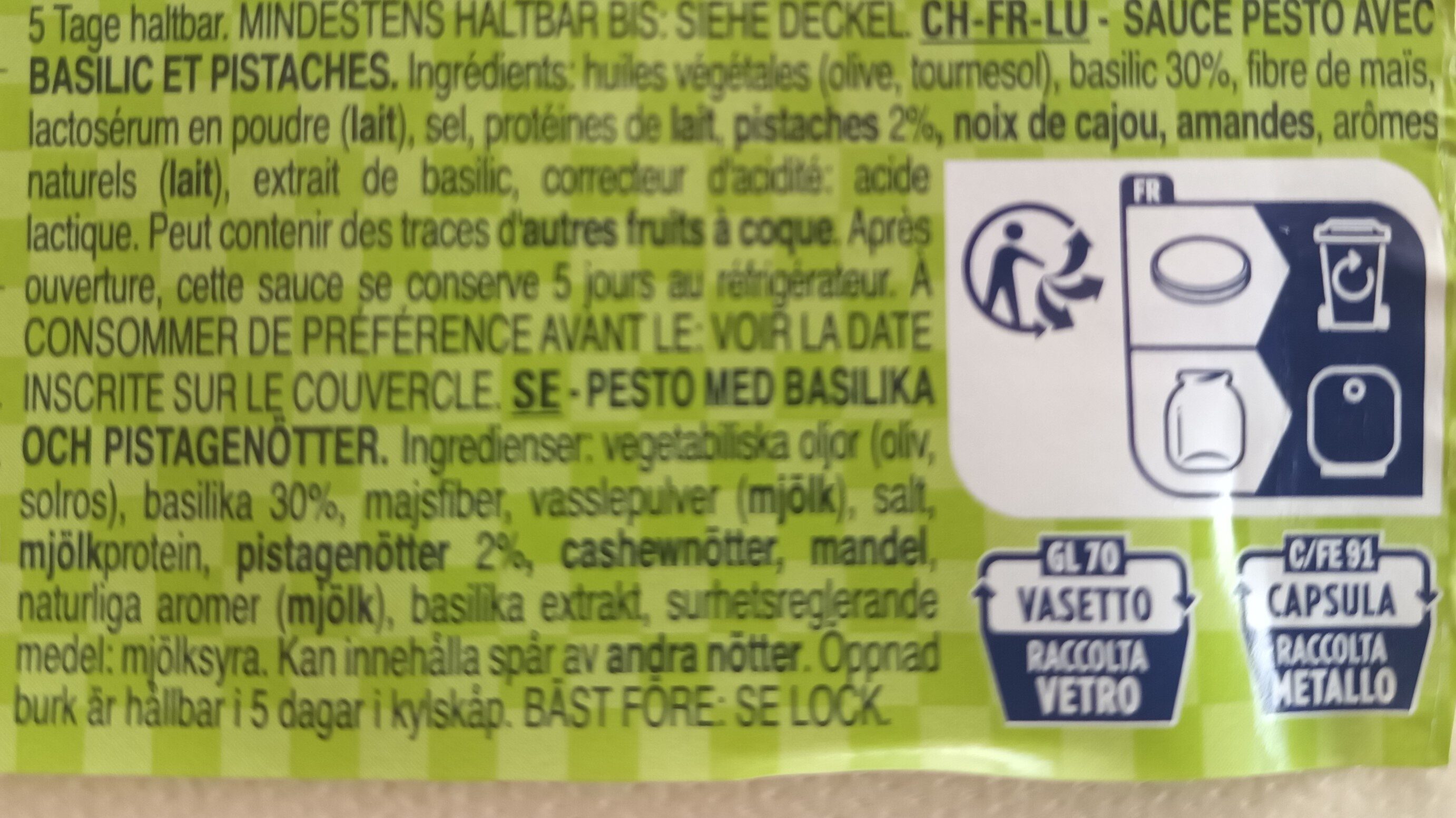 Barilla pesto pistache et basilic 190g - Ingredienser - fr