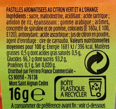 Tic Tac Citron Vert & Orange - Näringsfakta - fr