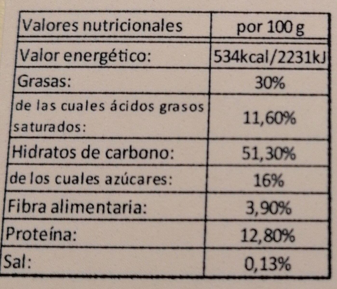Polvorón de Espelta y Almendra - Información nutricional