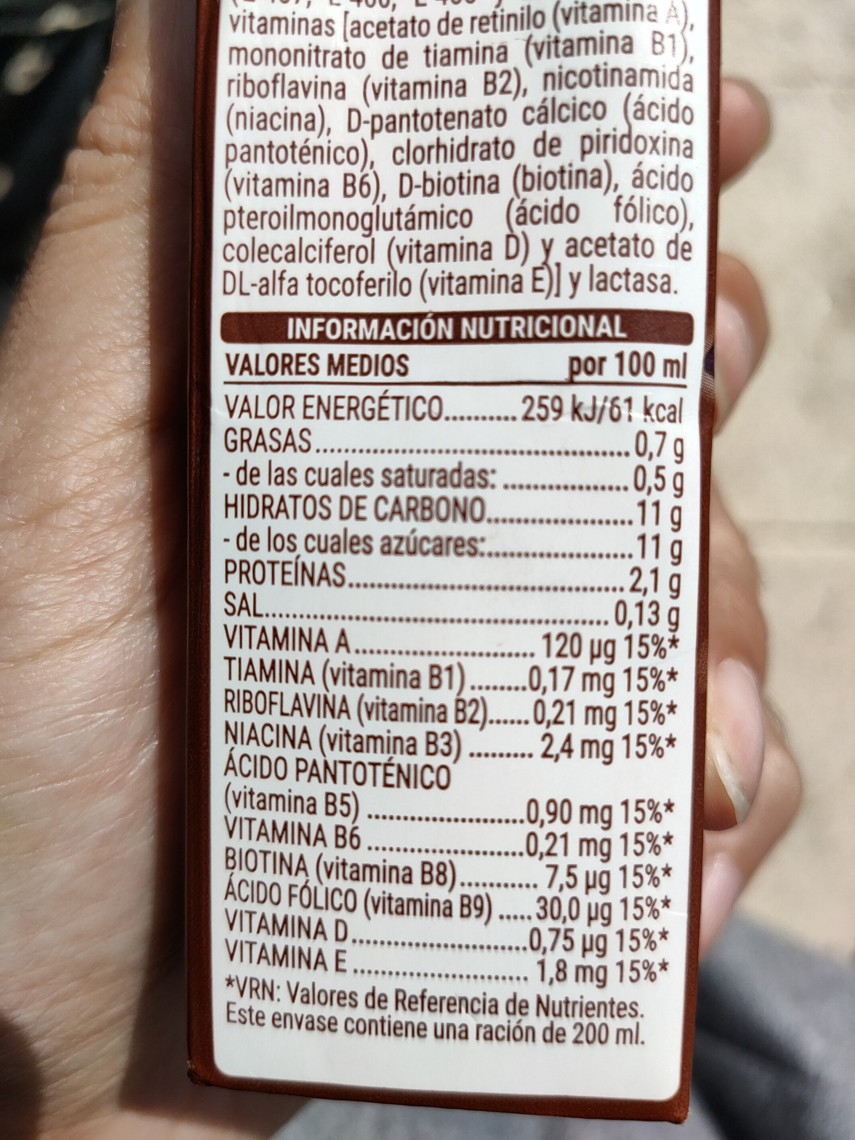 Batidos chocolate - Información nutricional
